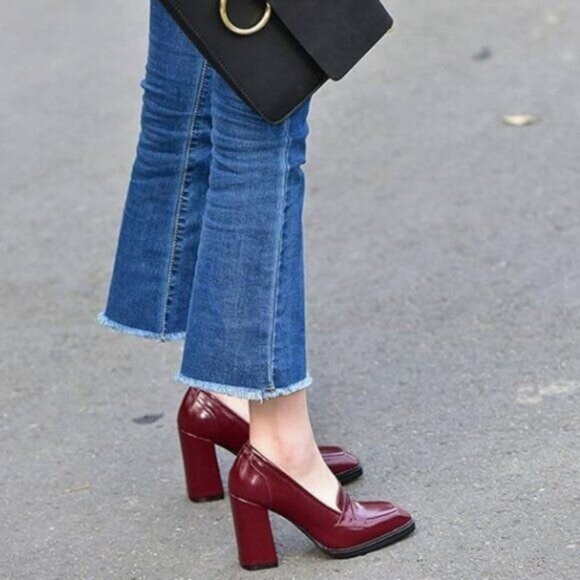 FOWT Red High Block Heels Loafers Square Toe Pumps Walking Shoes School Oxfords - Picture 1 of 8